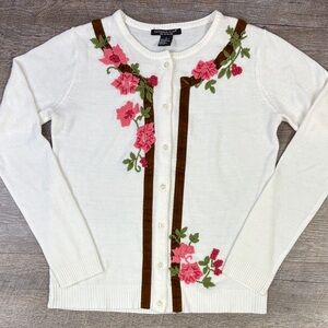 🌸 Reference Point Ivory Floral Embroidered Cardigan with Velvet Trim | Small